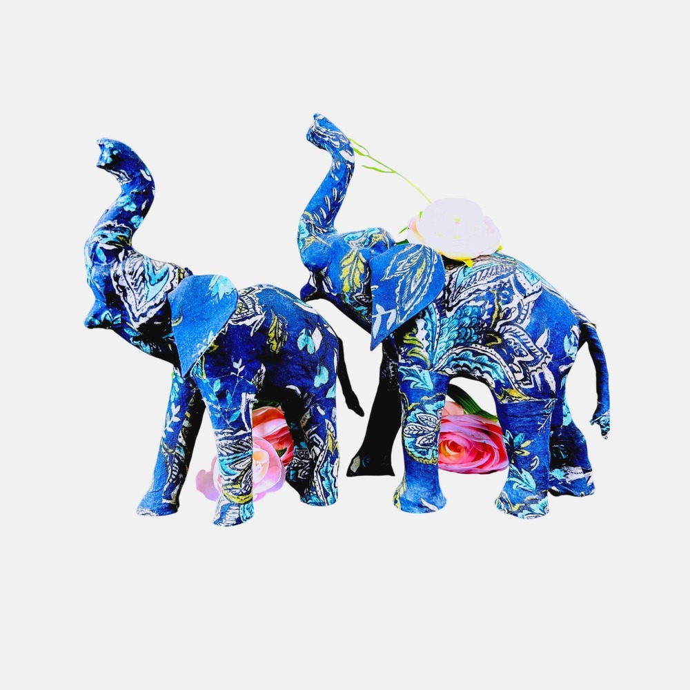 Vintage Blue Paisley Fabric Elephant Decor Pair Boho Sculpture‎ Figurines